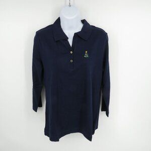 Kim Rogers Womens Navy Christmas Tree Embroidered 3/4 Sleeve Polo S NWT $30